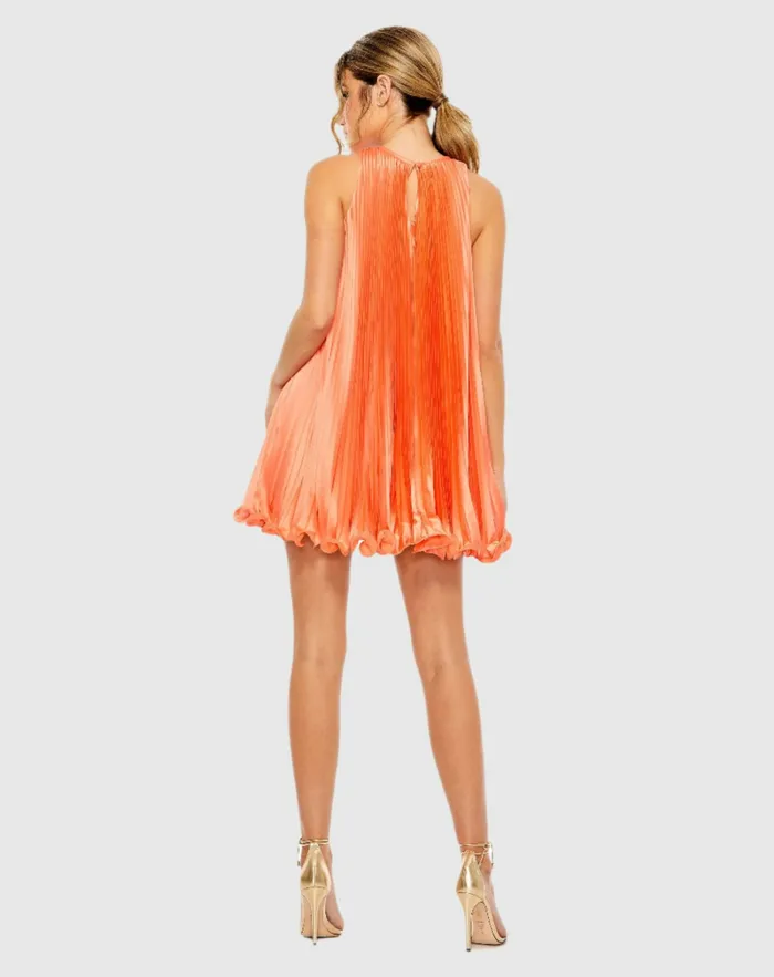 Orange Pleated Halter Neck Flowy Mini Trapeze Dress Tangerine Cocktail Dresses Mac Duggal Women