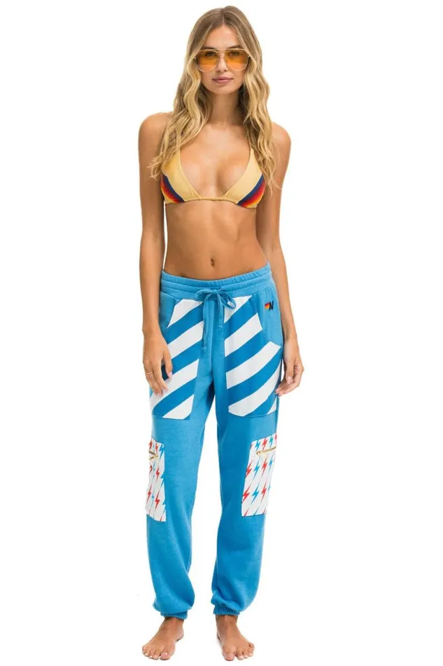 Palm Bolt Stripe Cargo Color Block Sweatpants 8211 Ocean Neon Yellow Women Aviator Nation Sweatpants