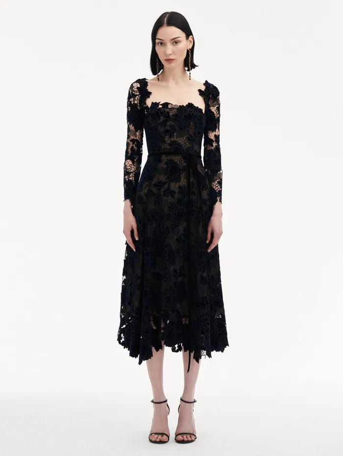 Peony Velvet Guipure Dress Navy Women Oscar De La Renta Dresses Peony Velvet Guipure Dress Navy Women Oscar De La Renta Dresses