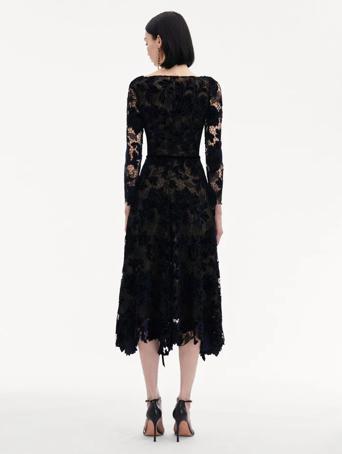 Peony Velvet Guipure Dress Navy Women Oscar De La Renta Dresses Peony Velvet Guipure Dress Navy Women Oscar De La Renta Dresses