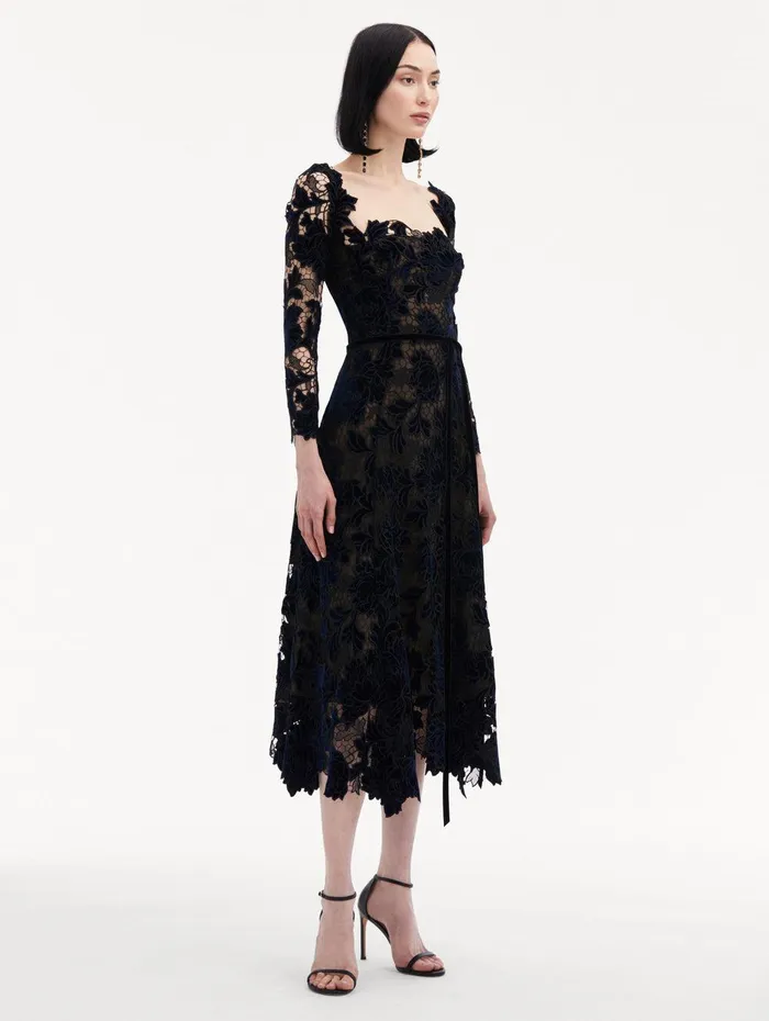 Peony Velvet Guipure Dress Navy Women Oscar De La Renta Dresses Peony Velvet Guipure Dress Navy Women Oscar De La Renta Dresses