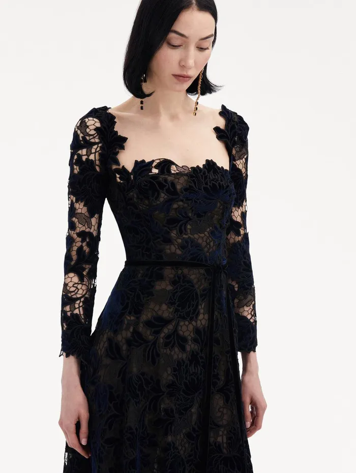 Peony Velvet Guipure Dress Navy Women Oscar De La Renta Dresses Peony Velvet Guipure Dress Navy Women Oscar De La Renta Dresses