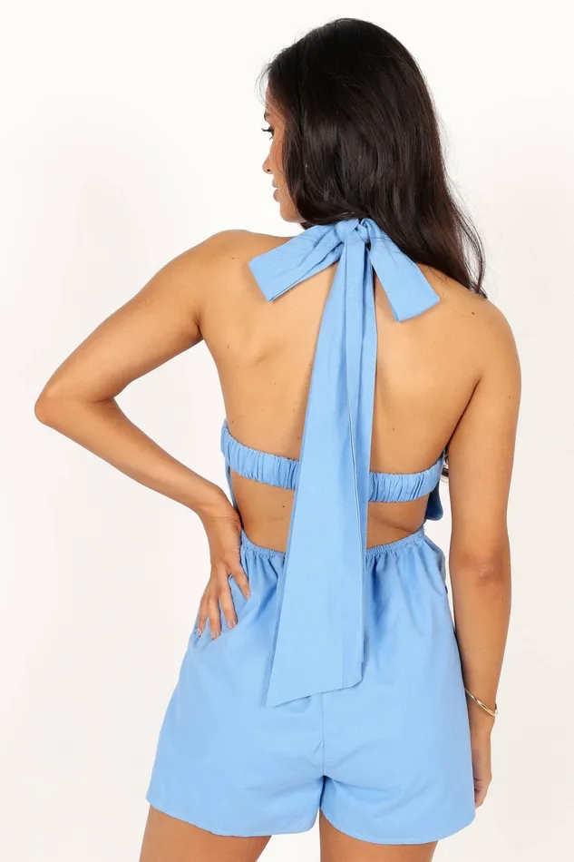 Petal and Pup Nelda Halter Romper Blue Women Jumpsuits and Rompers