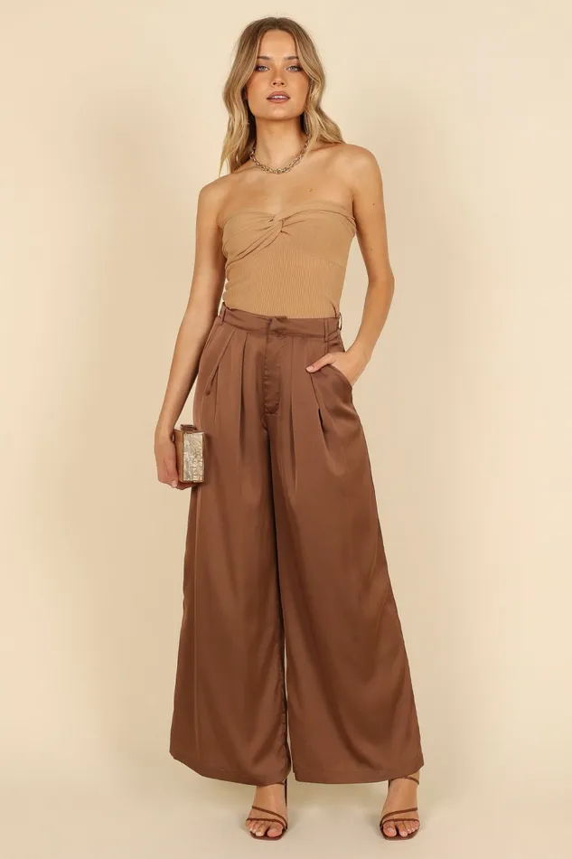 Petal and Pup Pants Women Wellington Wide Leg Satin Pant Mocha