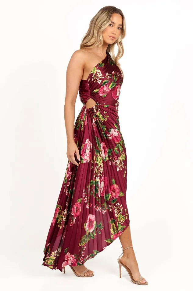 Petal and Pup Satin Dresses Women Kleo One Shoulder Maxi Dress Burgundy Floral
