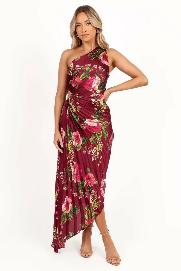 Petal and Pup Satin Dresses Women Kleo One Shoulder Maxi Dress Burgundy Floral