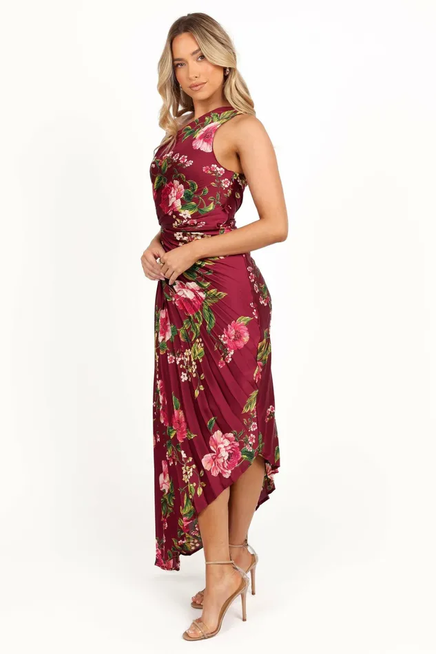Petal and Pup Satin Dresses Women Kleo One Shoulder Maxi Dress Burgundy Floral