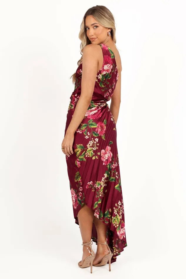 Petal and Pup Satin Dresses Women Kleo One Shoulder Maxi Dress Burgundy Floral
