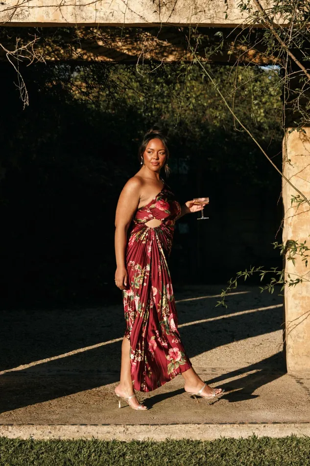 Petal and Pup Satin Dresses Women Kleo One Shoulder Maxi Dress Burgundy Floral