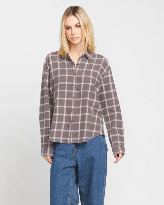 Plaid To Meet U 2 Long Sleeve Shirt 8211 Dark Grey Womens Volcom Tops