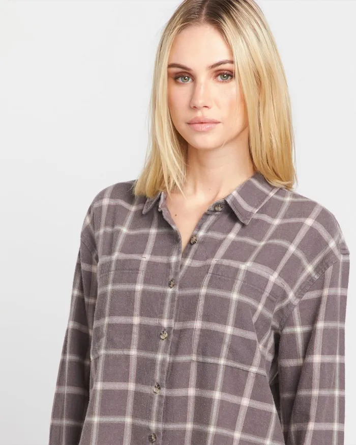 Plaid To Meet U 2 Long Sleeve Shirt 8211 Dark Grey Womens Volcom Tops
