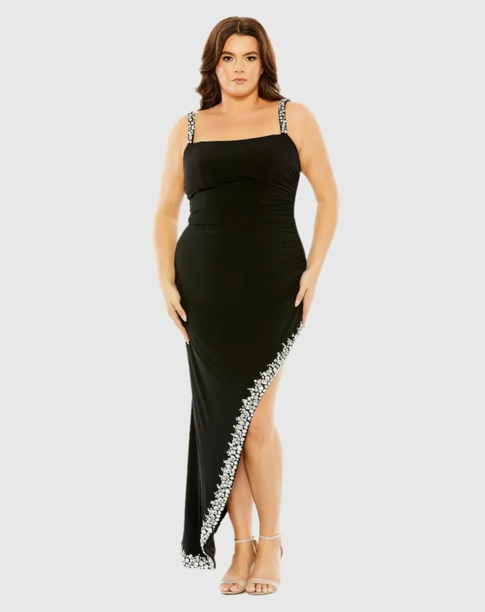 Plus Size Dresses Mac Duggal Women Asymmetrical Embellished Hem Line Gown Black