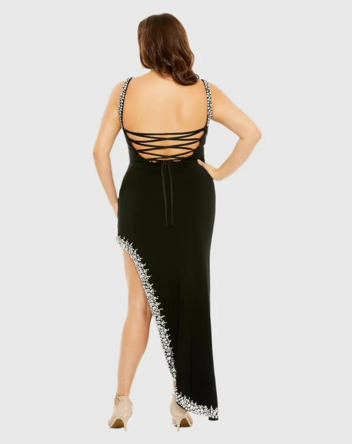 Plus Size Dresses Mac Duggal Women Asymmetrical Embellished Hem Line Gown Black Plus Size Dresses Mac Duggal Women Asymmetrical Embellished Hem Line Gown Black
