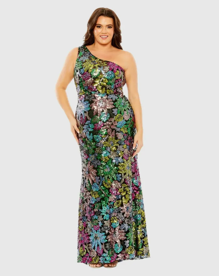 Plus Size Dresses One Shoulder Floral Sequin Gown Black Multi Mac Duggal Women Plus Size Dresses One Shoulder Floral Sequin Gown Black Multi Mac Duggal Women