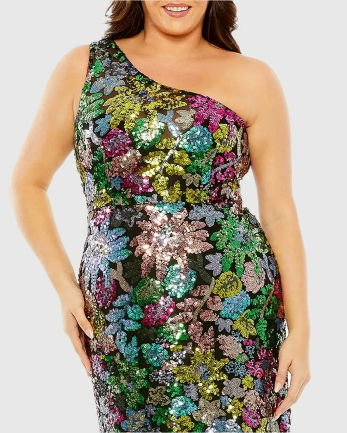 Plus Size Dresses One Shoulder Floral Sequin Gown Black Multi Mac Duggal Women