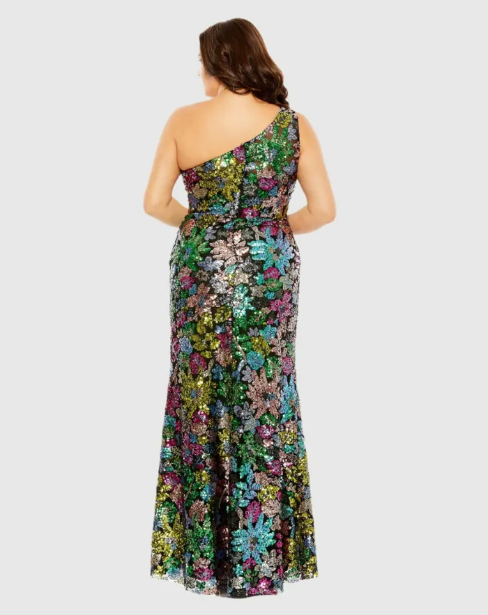 Plus Size Dresses One Shoulder Floral Sequin Gown Black Multi Mac Duggal Women