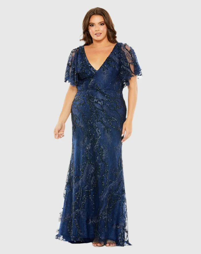 Plus Size Dresses V Neck Flutter Sleeve Embellished Gown Plus Midnight Mac Duggal Women Plus Size Dresses V Neck Flutter Sleeve Embellished Gown Plus Midnight Mac Duggal Women