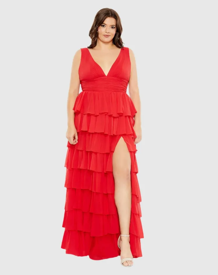 Plus Size Dresses Women Red Ruffle Tiered Sleeveless V Neck Gown Plus Red Mac Duggal Plus Size Dresses Women Red Ruffle Tiered Sleeveless V Neck Gown Plus Red Mac Duggal