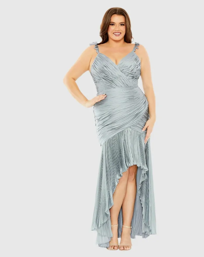 Plus Size Dresses Women Ruched Ruffle Sleeve High Low Dress Grey Mac Duggal