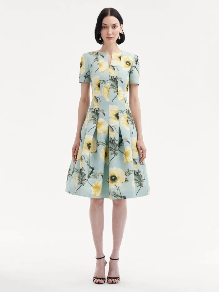 Poppy Faille Split Neck Dress Sage Yellow Women Oscar De La Renta Dresses