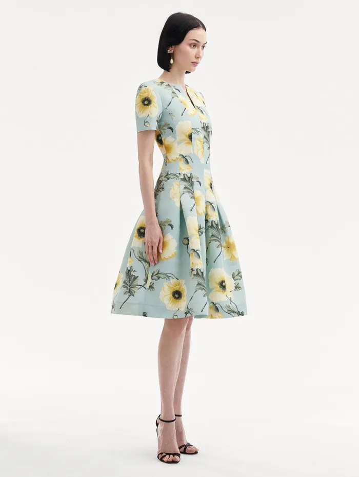 Poppy Faille Split Neck Dress Sage Yellow Women Oscar De La Renta Dresses