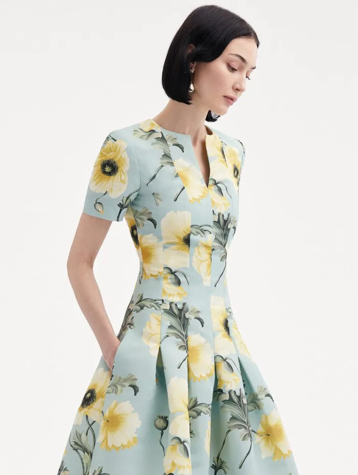 Poppy Faille Split Neck Dress Sage Yellow Women Oscar De La Renta Dresses