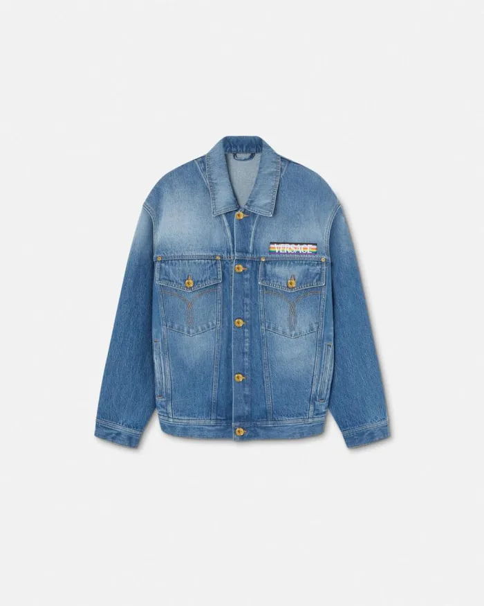 Pride Barocco Oversized Denim Jacket Blue Women Versace Outerwear and Coats