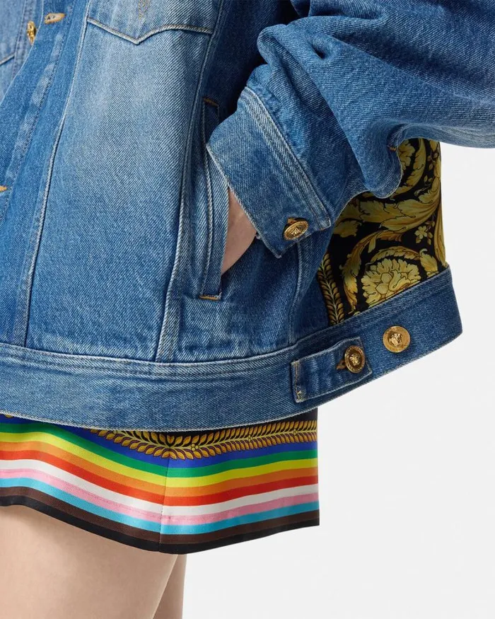 Pride Barocco Oversized Denim Jacket Blue Women Versace Outerwear and Coats
