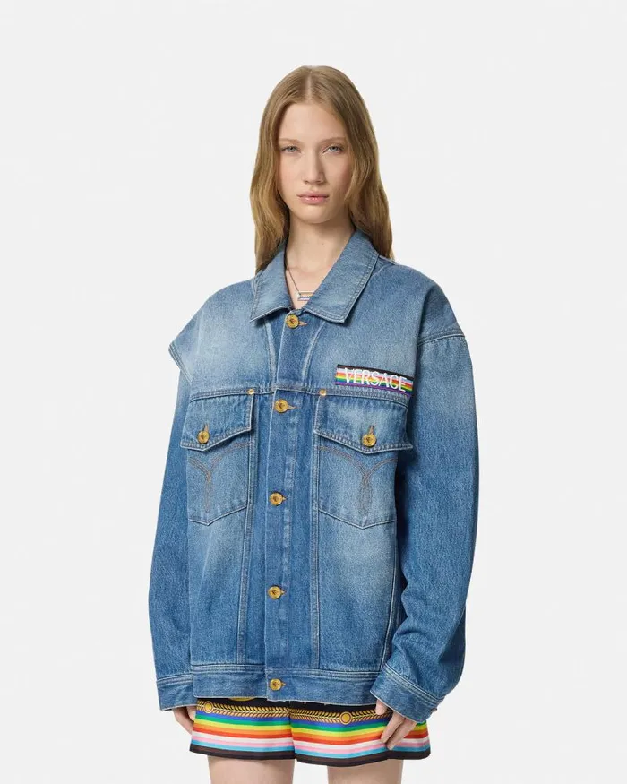 Pride Barocco Oversized Denim Jacket Blue Women Versace Outerwear and Coats