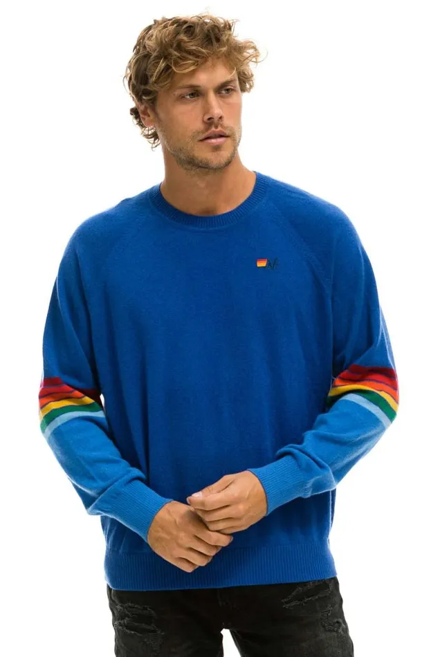 Rainbow Stripe Sleeve Unisex Cashmere Light Sweater 8211 Vintage Blue Men Aviator Nation Sweatshirts