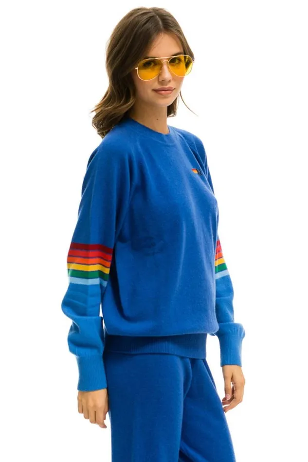 Rainbow Stripe Sleeve Unisex Cashmere Light Sweater 8211 Vintage Blue Men Aviator Nation Sweatshirts