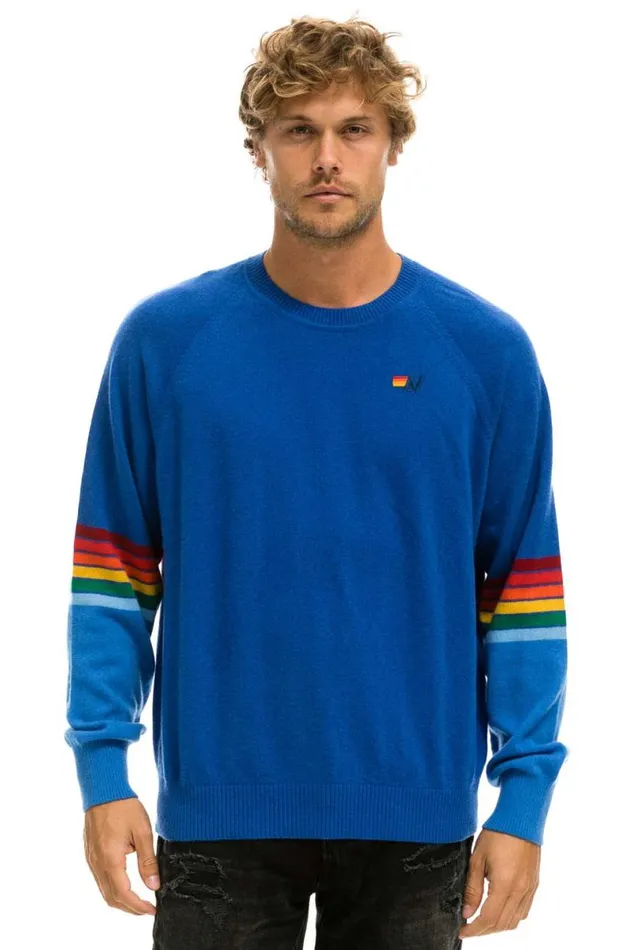 Rainbow Stripe Sleeve Unisex Cashmere Light Sweater 8211 Vintage Blue Men Aviator Nation Sweatshirts