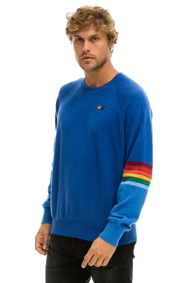 Rainbow Stripe Sleeve Unisex Cashmere Light Sweater 8211 Vintage Blue Men Aviator Nation Sweatshirts