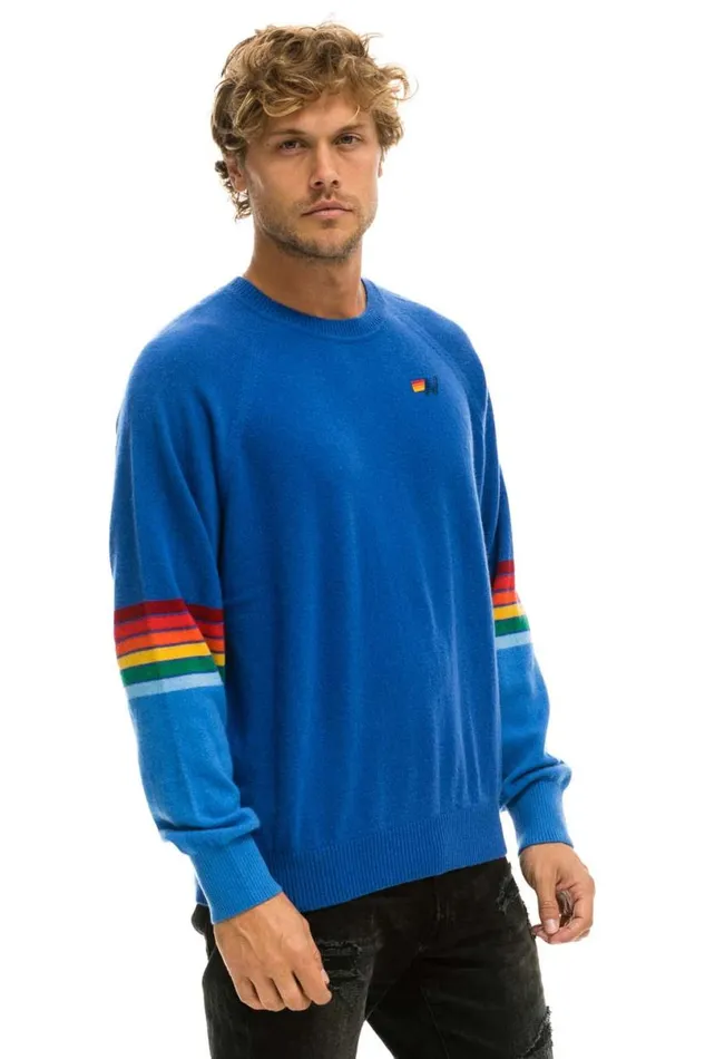 Rainbow Stripe Sleeve Unisex Cashmere Light Sweater 8211 Vintage Blue Men Aviator Nation Sweatshirts