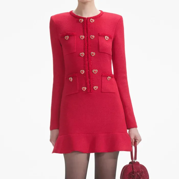 Red Knit Heart Buttoned Mini Dress Women Self Portrait Dresses Red Knit Heart Buttoned Mini Dress Women Self Portrait Dresses