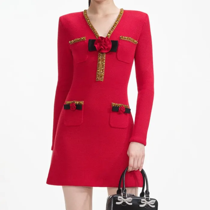 Red Textured Knit Corsage Mini Dress Women Self Portrait Dresses Red Textured Knit Corsage Mini Dress Women Self Portrait Dresses