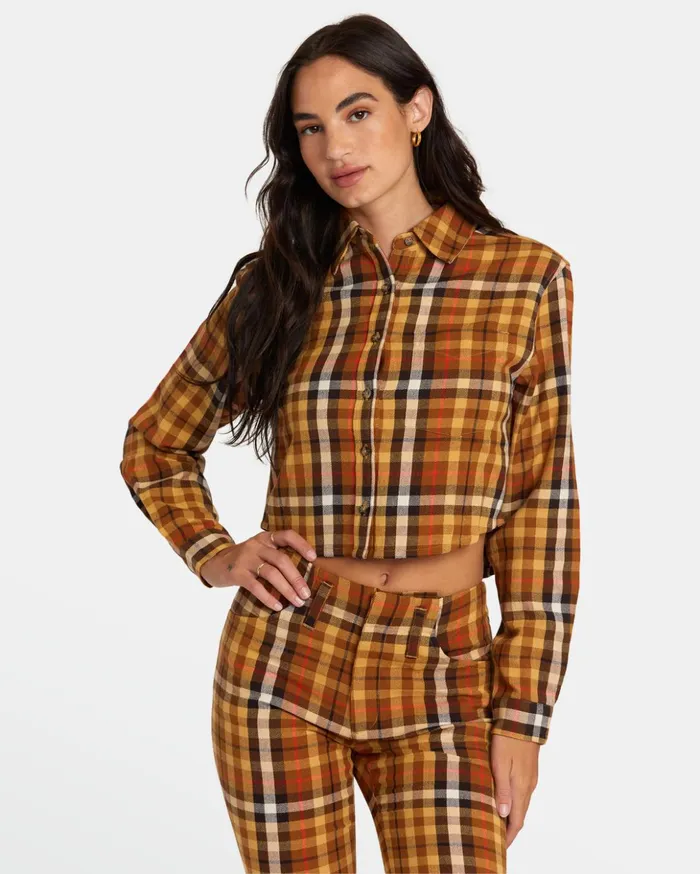 RVCA Tops Bayside Flannel Long Sleeve Shirt Latte 8211 Women