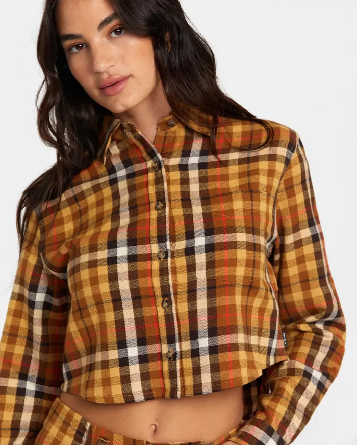 RVCA Tops Bayside Flannel Long Sleeve Shirt Latte 8211 Women