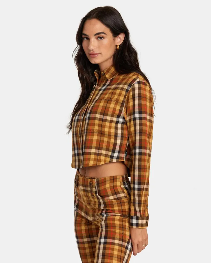 RVCA Tops Bayside Flannel Long Sleeve Shirt Latte 8211 Women