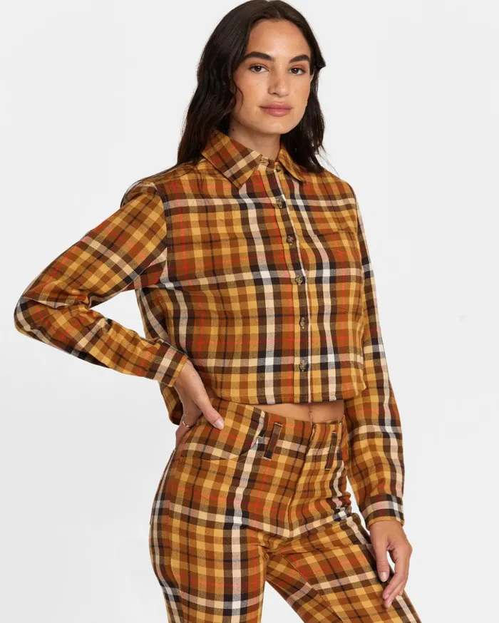 RVCA Tops Bayside Flannel Long Sleeve Shirt Latte 8211 Women