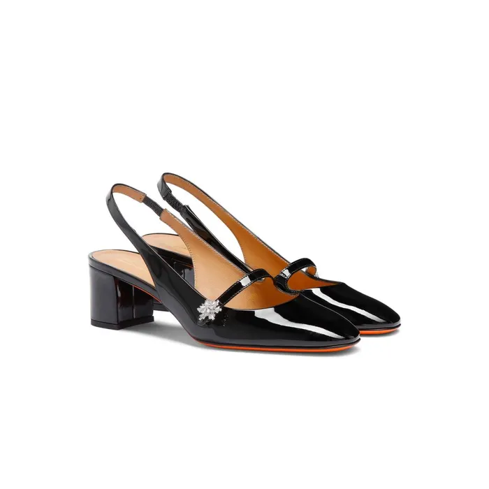 Santoni Black Patent Leather LowHeel Slingback Women Pumps and Heels