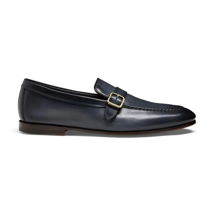 Santoni Blue Leather SingleBuckle Loafer Men Loafers