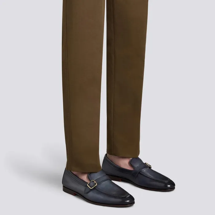 Santoni Blue Leather SingleBuckle Loafer Men Loafers