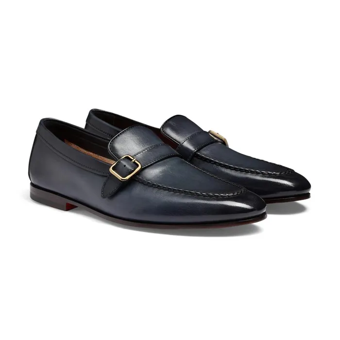 Santoni Blue Leather SingleBuckle Loafer Men Loafers