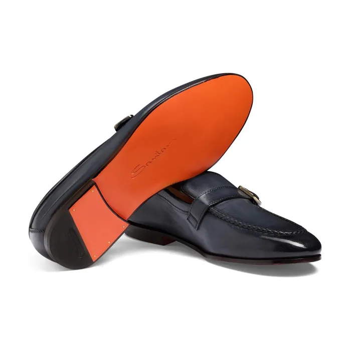 Santoni Blue Leather SingleBuckle Loafer Men Loafers