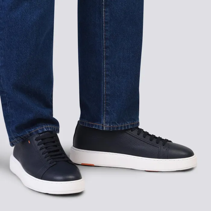 Santoni Blue Tumbled Leather Sneaker Men Sneakers
