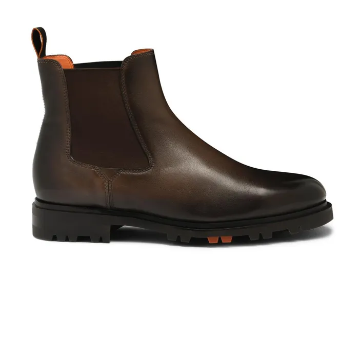 Santoni Dark Brown Leather Chelsea Boot Men Boots