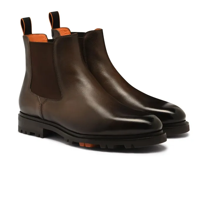 Santoni Dark Brown Leather Chelsea Boot Men Boots