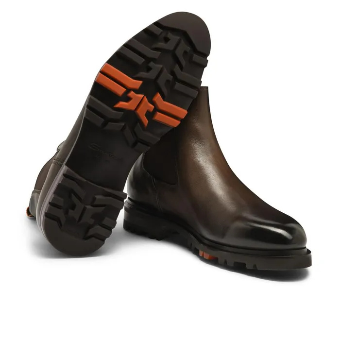 Santoni Dark Brown Leather Chelsea Boot Men Boots