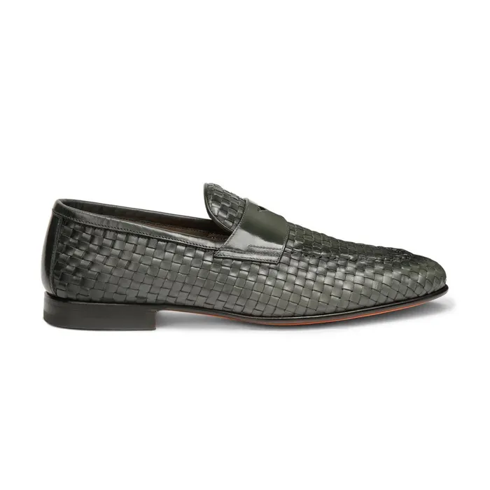 Santoni Green Woven Leather Loafer Men Loafers